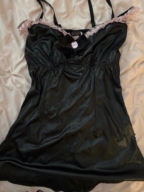 Dreamgirl Black Satin Chemise with Pink Lace Trim